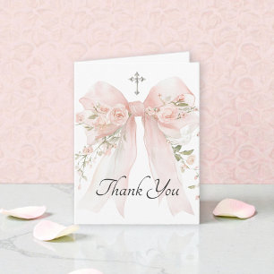 Carte De Remerciements Première communion d'une fille Ruban floral rose