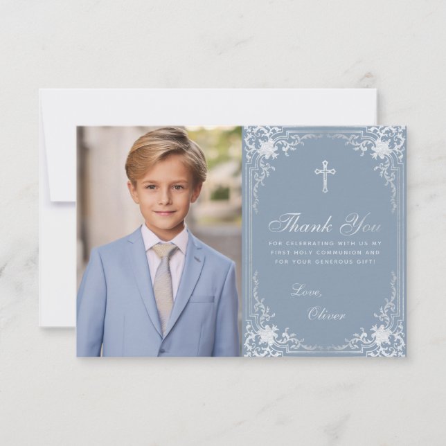 Carte De Remerciements Première communion Dusty Blue Boy Photo Croix Vint (Devant)