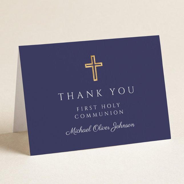 Carte De Remerciements Première communion élégante bleu marine garçon  (Créateur téléchargé)