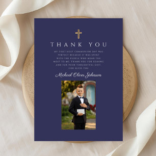 Carte De Remerciements Première communion élégante bleu marine pour garço
