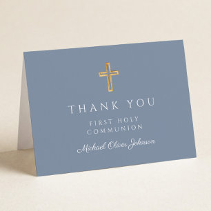 Carte De Remerciements Première communion élégante garçon bleu poussiéreu