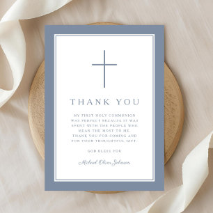 Carte De Remerciements Première communion élégante garçon croix bleu pous