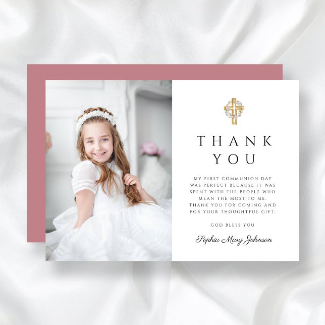 Carte De Remerciements Première communion Fille Florale Wreath Cross Phot (Girl First Communion Floral Wreath Cross Photo Thank You Card)