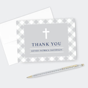 Carte De Remerciements Première communion garçon à carreaux Gingham gris