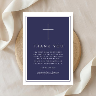 Carte De Remerciements Première communion garçon croix bleu marine élégan