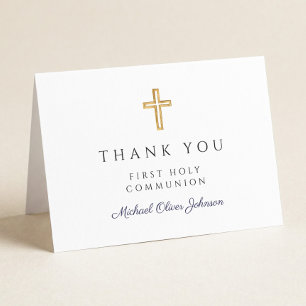 Carte De Remerciements Première communion garçon élégant bleu marine scri