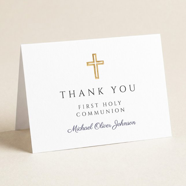 Carte De Remerciements Première communion garçon élégant bleu marine scri (Elegant Navy Blue Script Boy First Communion Thank You Card)