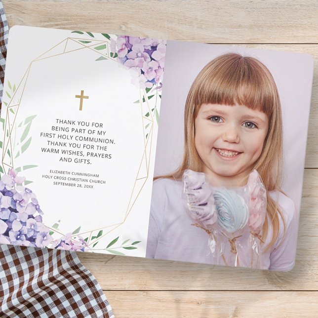Carte De Remerciements Première communion | Lilac Floral Photo géométriqu (Créateur téléchargé)