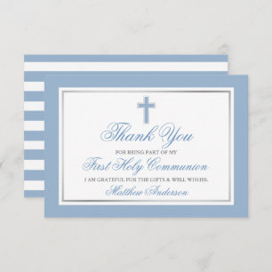 Carte De Remerciements Première Communion Lumière Bleu Argent rayé