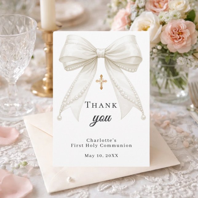 Carte De Remerciements Première communion noeud blanc perles d'ivory (Créateur téléchargé)