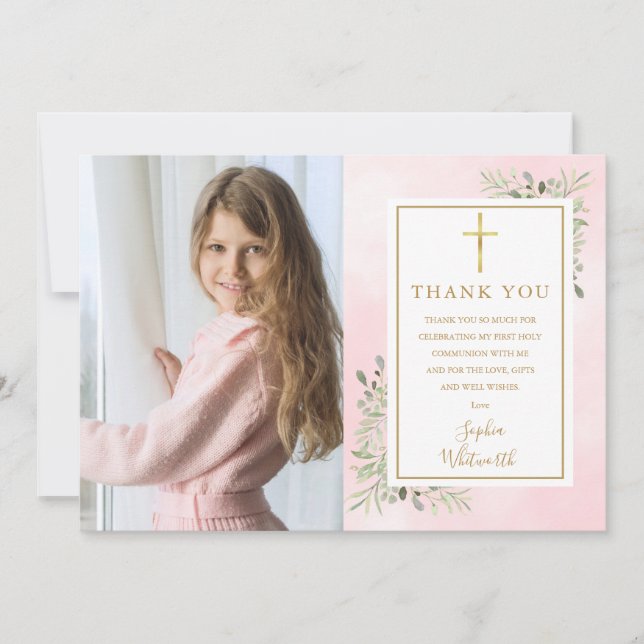 Carte De Remerciements Première Communion Pink Green Photo (Devant)