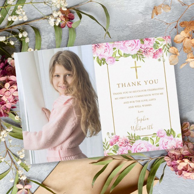 Carte De Remerciements Première communion sainte Roses Fleur Photo (Créateur téléchargé)