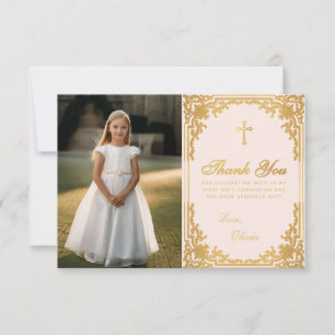Carte De Remerciements Première communion Vintage fille photo rose or
