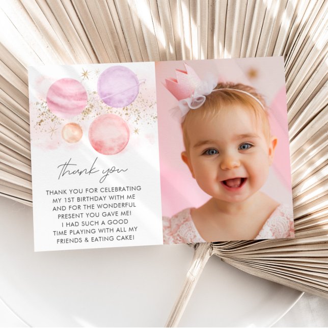 Carte De Remerciements Première excursion autour du soleil Fille Photo d' (First Trip Around The Sun - Girl's 1st Birthday Pink Planet Thank You Card with Photo)