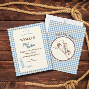 Carte De Remerciements Première Fête Western à Carreaux Bleus Rodeo 1er A