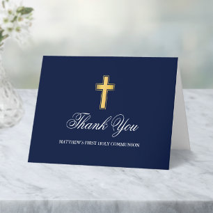 Carte De Remerciements Première Sainte Communion Bleu et Or Pliée