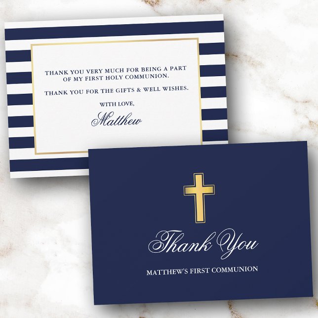 Carte De Remerciements Première Sainte Communion Bleue Grilles Or (Customize to change text size, color or text style.)