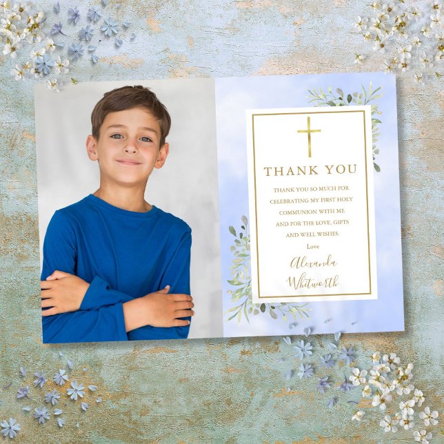 Carte De Remerciements Première Sainte Communion Blue Green Photo (First Holy Communion Blue Greenery Photo Thank You Card)