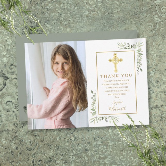 Carte De Remerciements Première Sainte Communion Croix d'or Végétation Ph (First Holy Communion Gold Cross Greenery Photo Thank You Card)