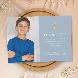 Carte De Remerciements Première Sainte Communion Croix Dorée Bleu Poussié