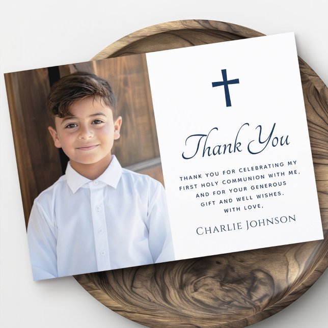 Carte De Remerciements Première sainte communion croix photo bleu foncé b (First holy communion cross photo dark blue white thank you card)