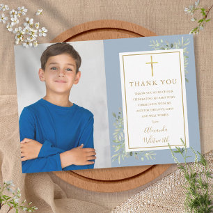 Carte De Remerciements Première Sainte Communion de la verdure en bleu po
