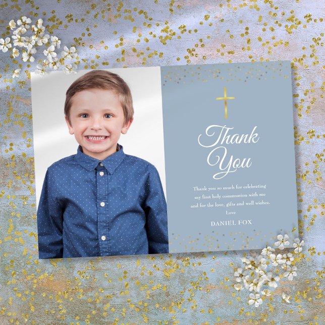 Carte De Remerciements Première Sainte Communion Dusty Blue Gold Dust Pho (First Holy Communion Dusty Blue Gold Dust Photo Thank You Card)