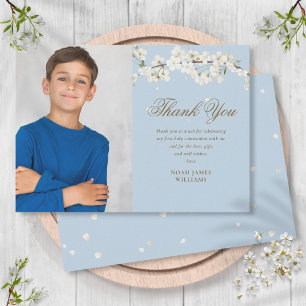 Carte De Remerciements Première Sainte Communion Fleur Blanche Photo Bleu
