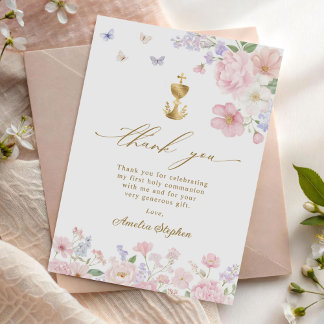 Carte De Remerciements Première Sainte Communion Fleur pastel pour fille