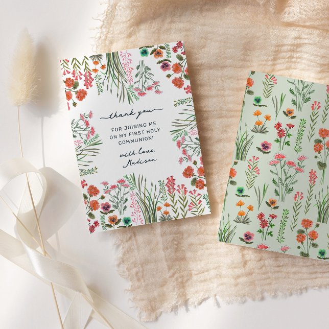 Carte De Remerciements Première sainte communion fleur sauvage (Wildflower First Holy Communion Thank You Card)