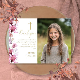 Carte De Remerciements Première Sainte Communion Fleurie Rose Élégante