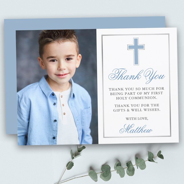 Carte De Remerciements Première Sainte Communion Lumière Bleu Silver Phot (Customize to change text size, color, style or to change color of back of card. )