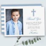 Carte De Remerciements Première Sainte Communion Photo Bleu clair rayé<br><div class="desc">Élégant premier Carte de remerciements de communion avec Croix d'argent. Photo Avant. Script bleu clair. Refusé.</div>
