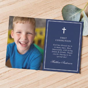Carte De Remerciements Première Sainte Communion Photo Bleu Marine Élégan