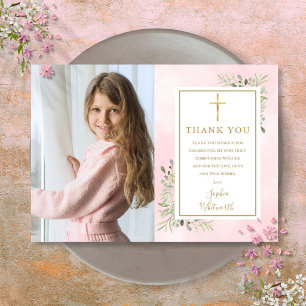 Carte De Remerciements Première Sainte Communion Photo de verdure rose
