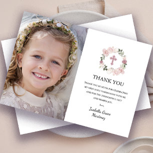 Carte De Remerciements Première Sainte Communion Photo Fleur rose rose