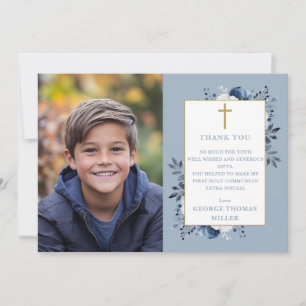 Carte De Remerciements Première Sainte Communion photo florale bleu pouss
