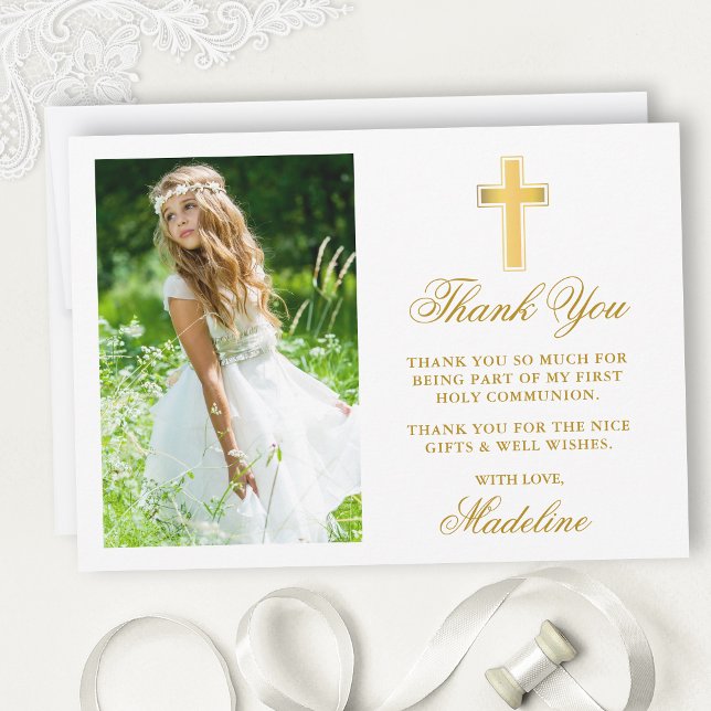 Carte De Remerciements Première Sainte Communion Photo Gold Arrondi (Customize to change text size, style, color or to add more text or photos to back of card.)