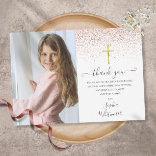 Carte De Remerciements Première Sainte Communion photo Paillettes Rose Go