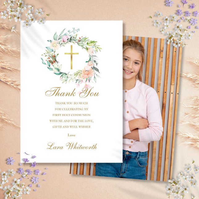 Carte De Remerciements Première Sainte Communion Photo Roses Floral Or (First Holy Communion Photo Roses Floral Gold Thank You Card)