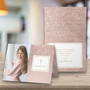 Carte De Remerciements Première Sainte Communion Rose Gold Pailleté Photo