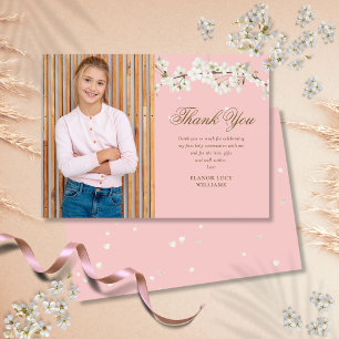 Carte De Remerciements Première Sainte Communion Rose Photo Fleur Blanche
