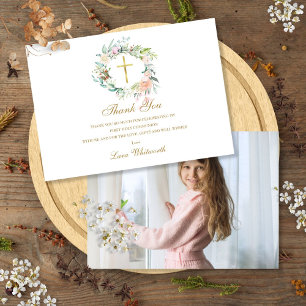 Carte De Remerciements Première Sainte Communion Roses Fleur Photo Or
