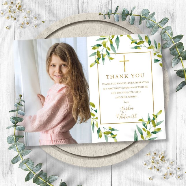 Carte De Remerciements Première Sainte Communion Végétation Foliage Photo (First Holy Communion Greenery Foliage Photo Thank You Card)