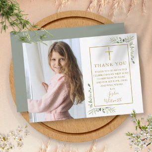 Carte De Remerciements Première Sainte Communion Verdure Or Photo