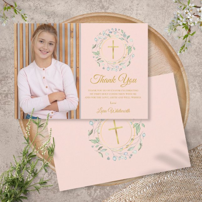 Carte De Remerciements Première Sainte Communion Vert Végétale rose pâle  (Créateur téléchargé)