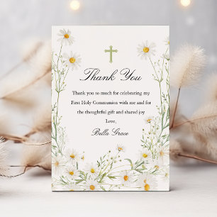 Carte De Remerciements Première Sainte Communion White Daisy Floral Cross