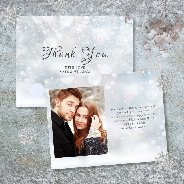 Carte De Remerciements Premiers flocons de neige élégant script photo (First Winter Snowflakes Elegant Script Photo Thank You Card)