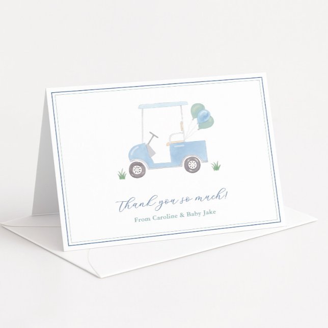 Carte De Remerciements Preppy Blue Golf Panier Baby Boy Douche (Golf theme baby boy shower thank you card with pale blue golf cart and balloons)