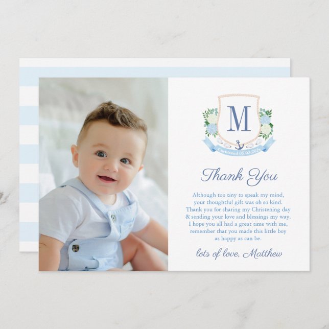 Carte De Remerciements Preppy Coastal Monogram Baby Boy Christening Photo (Devant / Derrière)